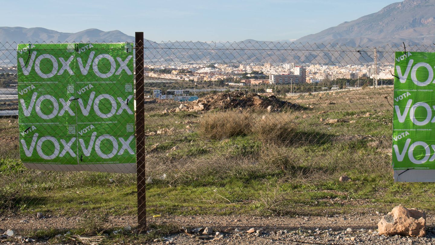 Carteles de campaña de Vox con la ciudad de El Ejido al fondo. (D. B.)