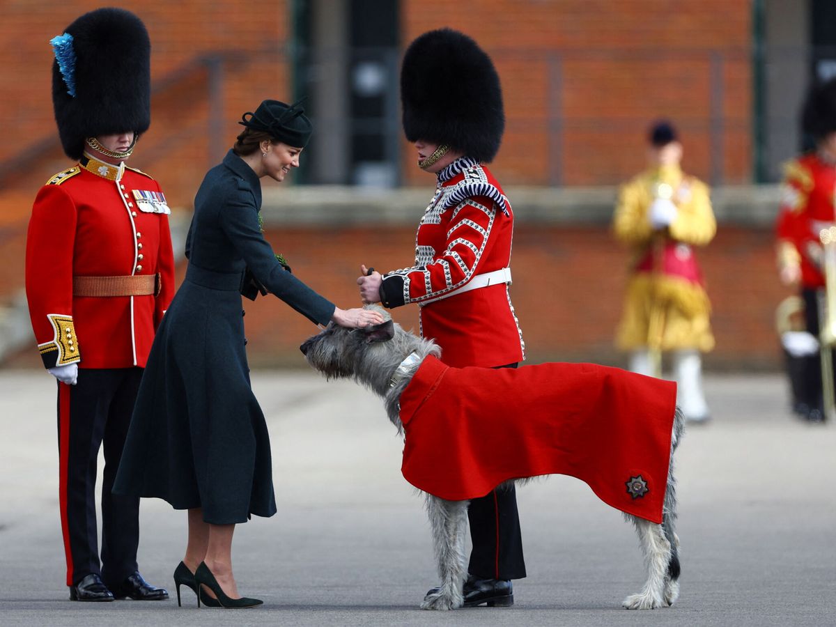 Foto: La duquesa de Cambridge, con el perro de la guardia irlandesa, Turlough Mor. (Reuters/Hanna McKay)