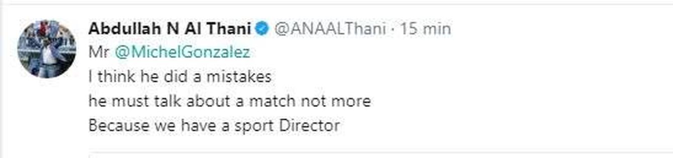 Mensaje que Al Thani borró de su Twitter. 