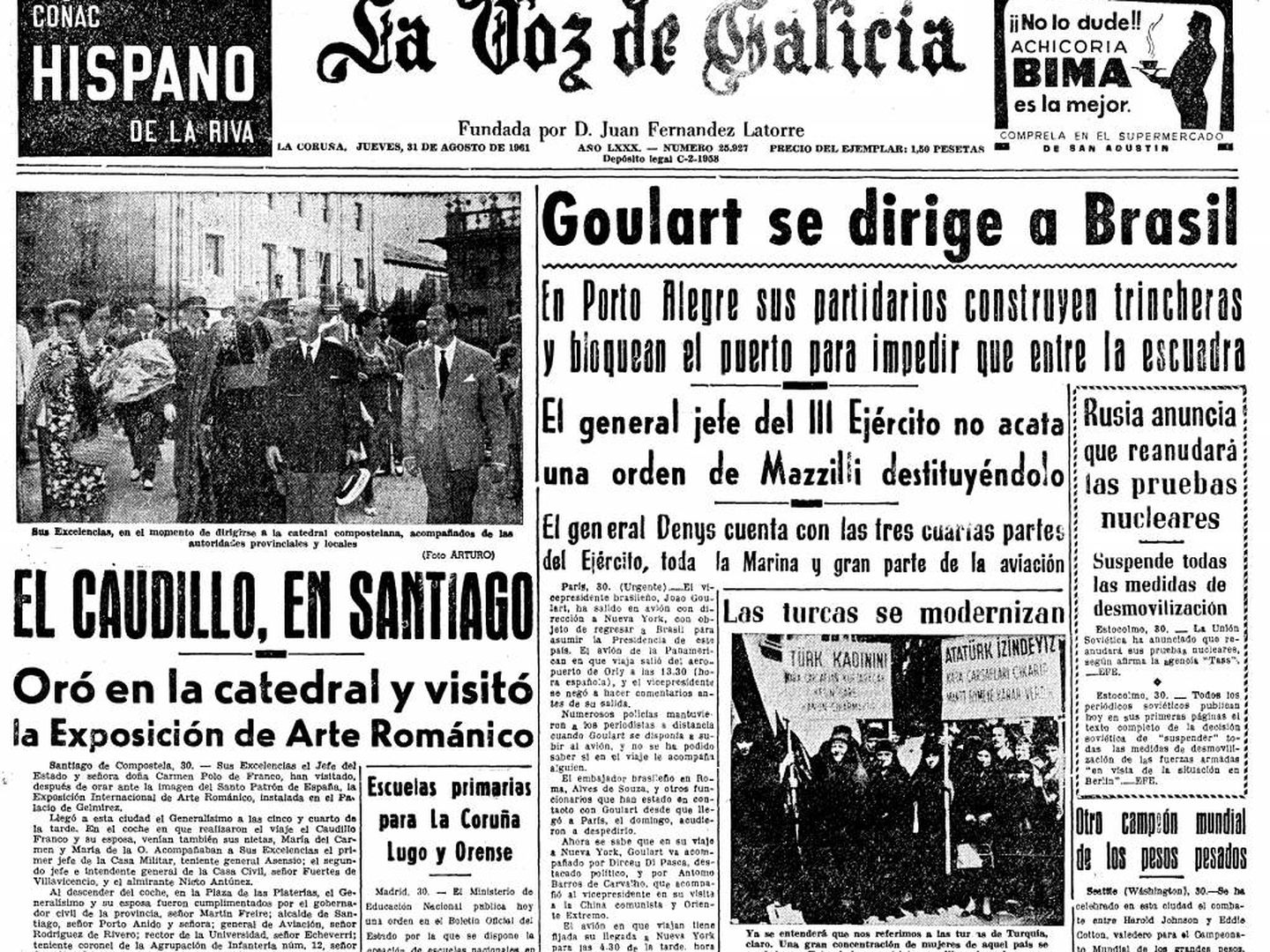 Portada de 'La Voz de Galicia' del 31 de agosto de 1961. (Hemeroteca Voz de Galicia)
