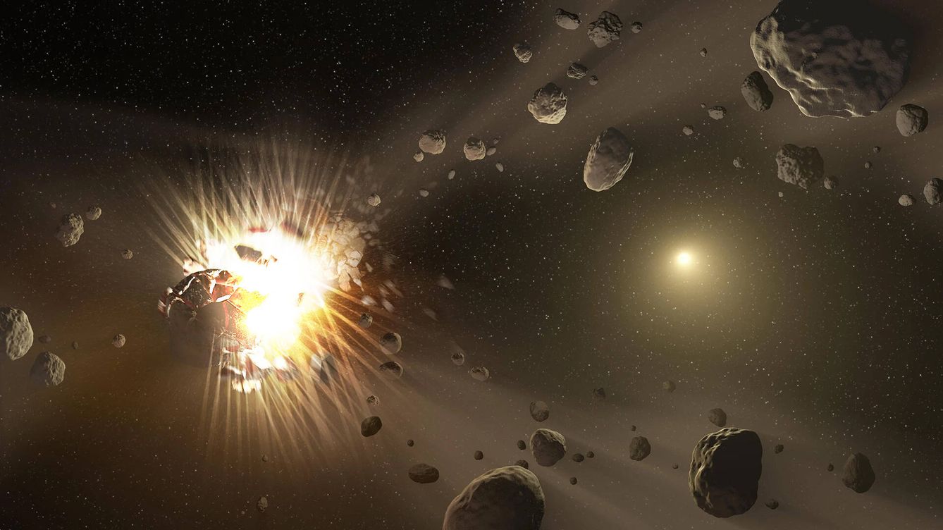 Foto: Ilustración de un asteroide siendo pulverizado con múltiples proyectiles. (NASA/JPL/Novaceno)