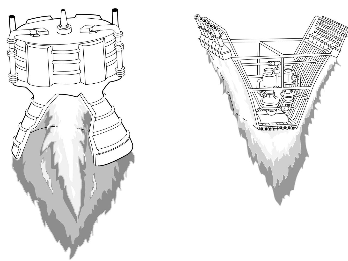 El diseño de tobera en forma de campana (i) y el del 'aerospike'.