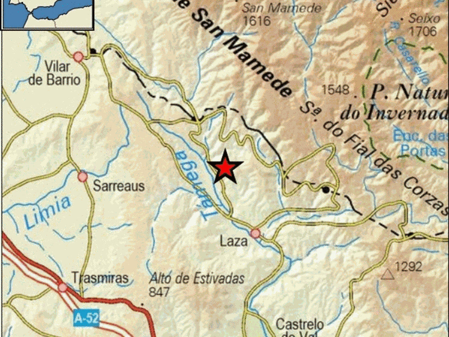 Epicentro del terremoto en las proximidades de Vilar de Barrio. (IGN)