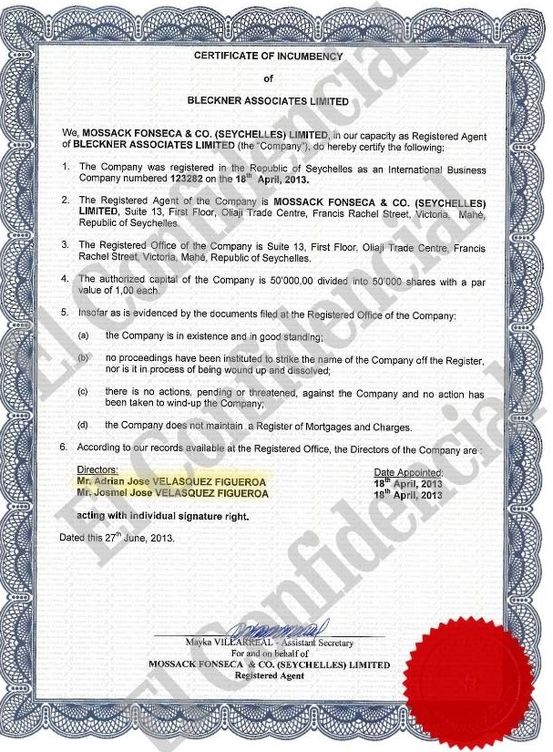 Constitución de Bleckner Associates en Seychelles por Mossack Fonseca.