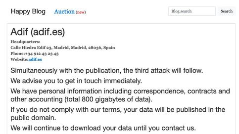 Chantaje a Adif: 'hackers' amenazan con difundir 800GB de información sensible