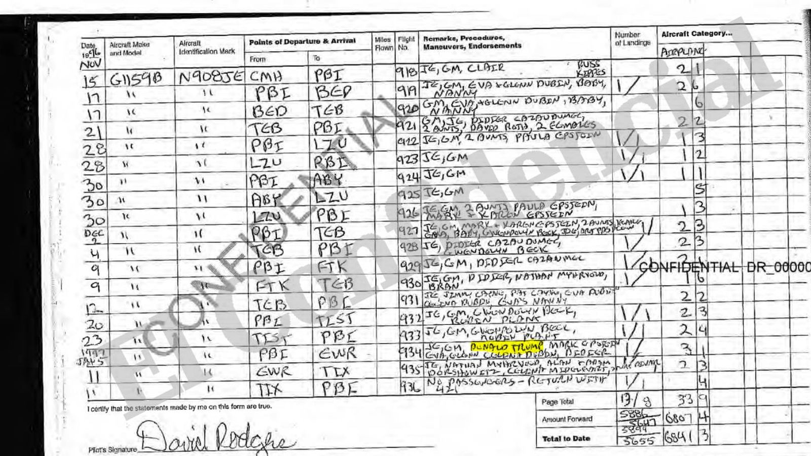 Foto: Registro de vuelo que revela que Donald Trump utilizó el avión de Epstein. (E.C)