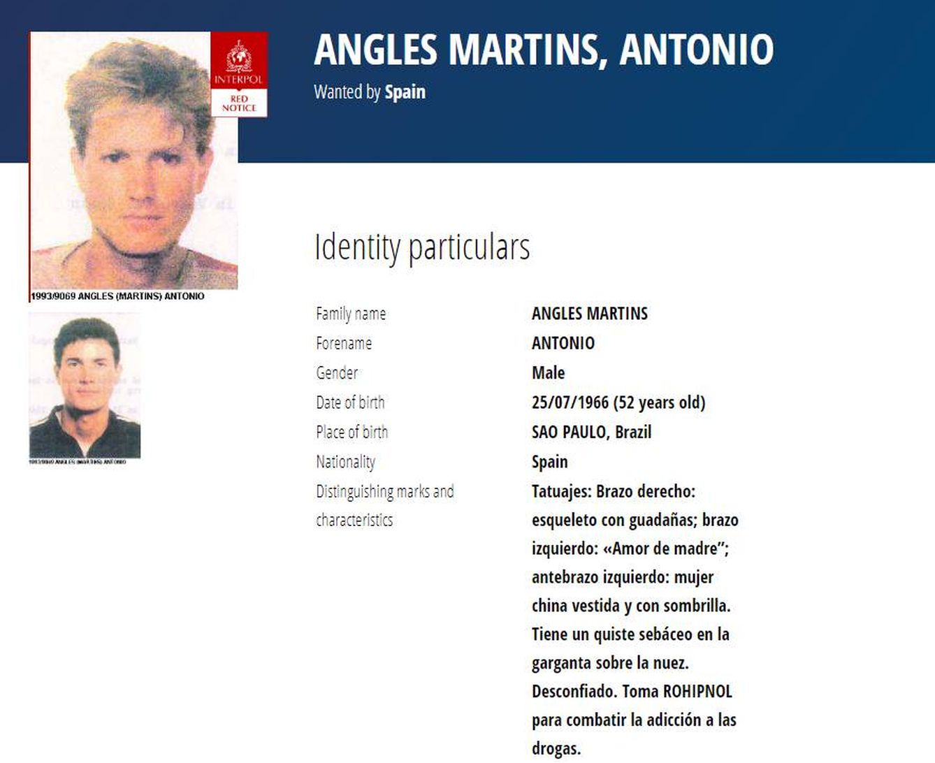Descripción del perfil y físico de Antonio Anglés. (Interpol)