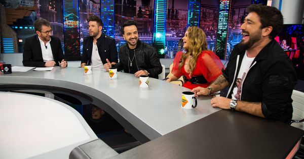Foto: Pablo López, Luis Fonsi, Paulina Rubio y Antonio Orozco con Pablo Motos, en 'El Hormiguero'. (Antena 3)