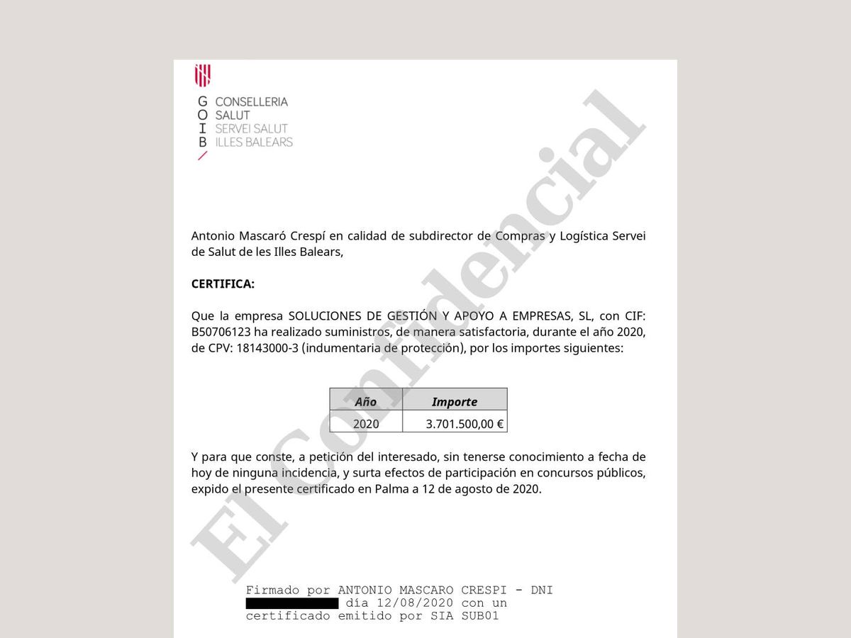 Foto: El certificado con el que el Govern balear avaló el "satisfactorio" suministro de la trama.