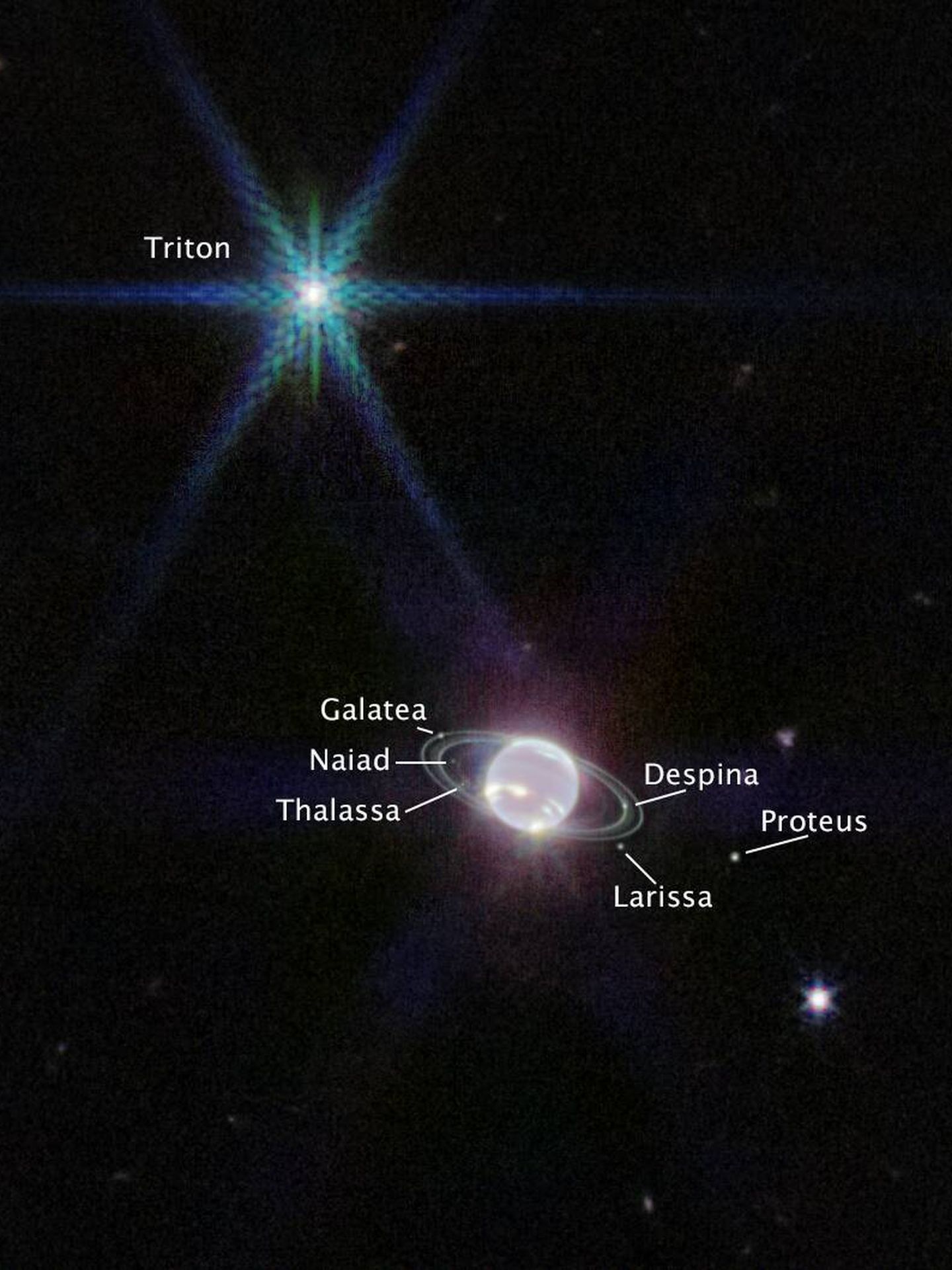 La posición de las lunas con respecto a Neptuno. (NASA)