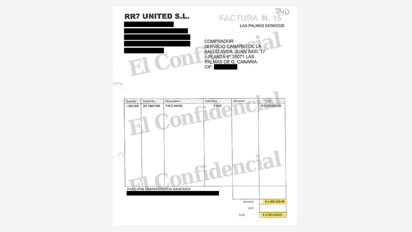 La factura que Rayco envió al servicio canario de Salud en junio de 2020.