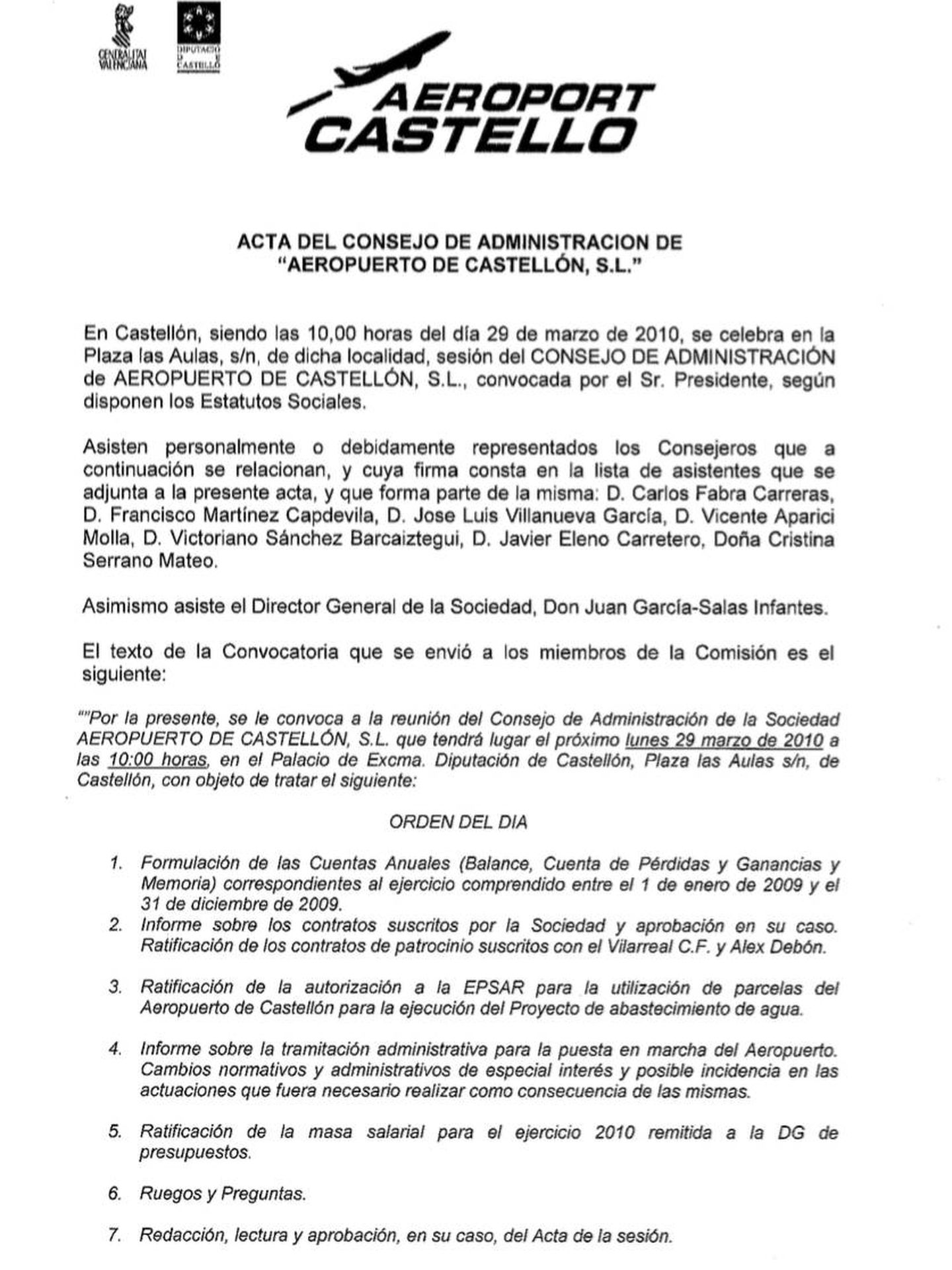 Primera página del acta de la reunión en la que Fabra aprobó patrocinios con el Villarreal. 
