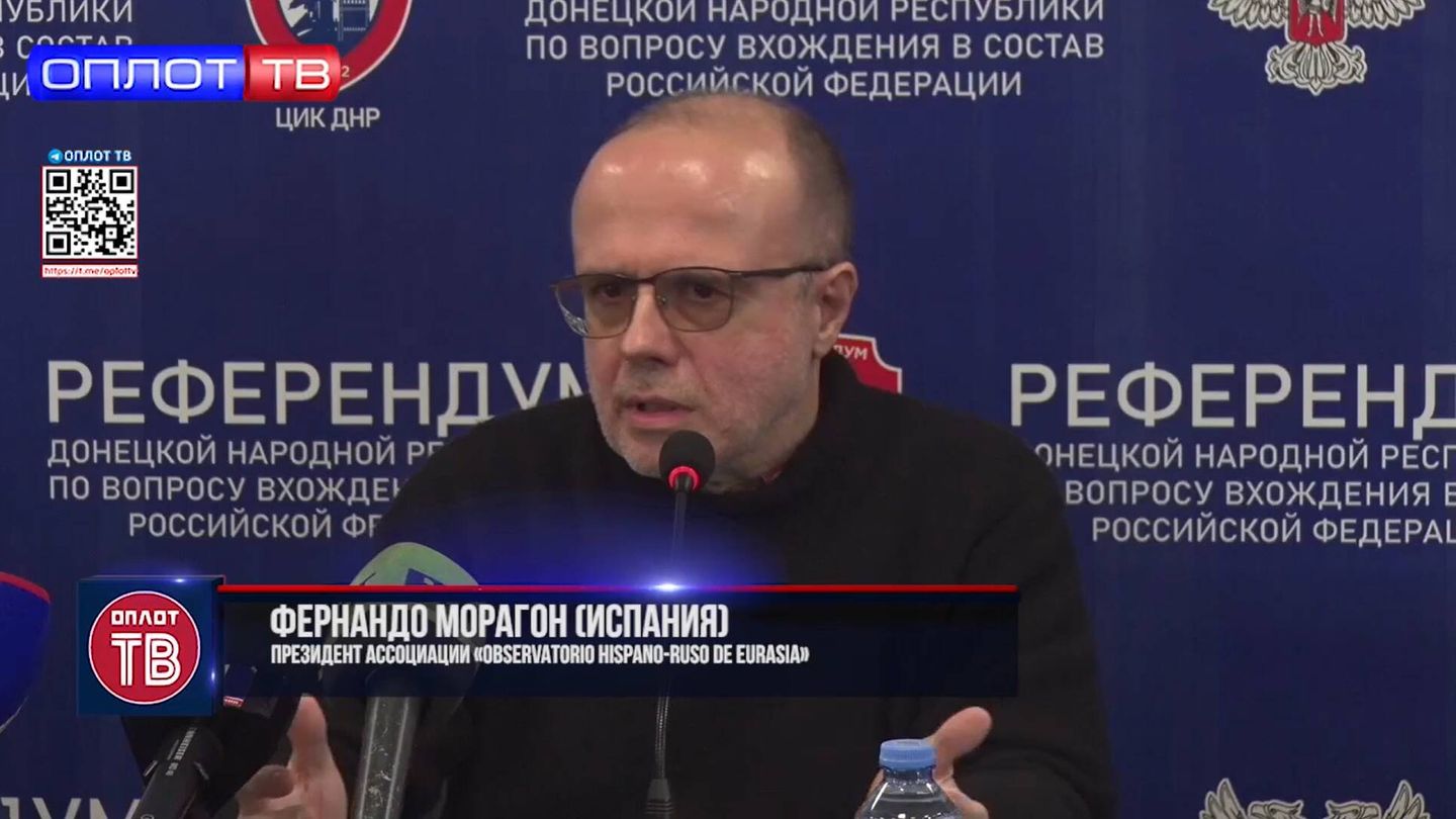 Moragón, en una rueda de prensa organizada por las autoridades de la autoproclamada República Popular de Donetsk. (Cedida)
