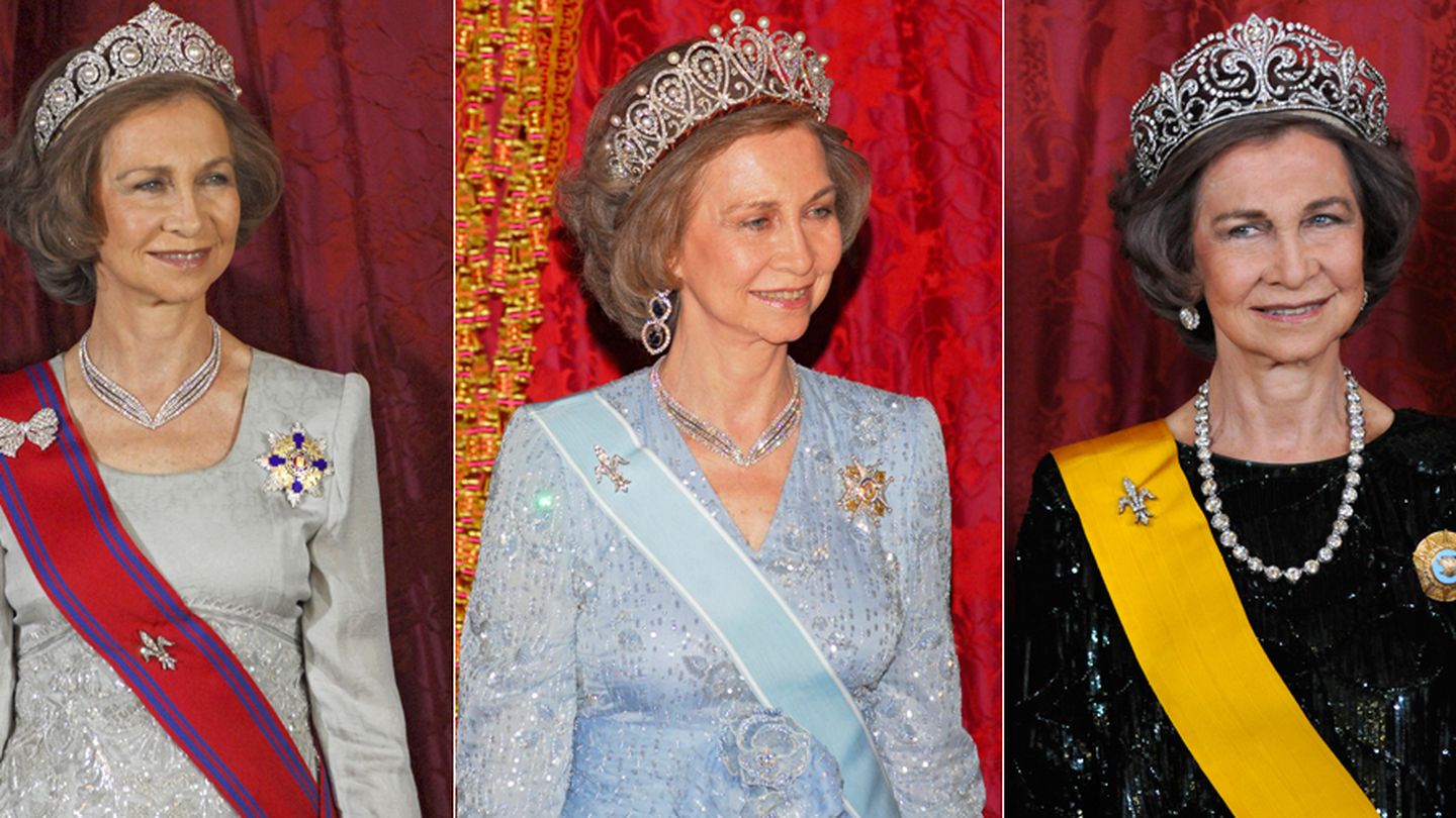 Doña Sofía con la tiara de Cartier, la rusa y la de la flor de lis