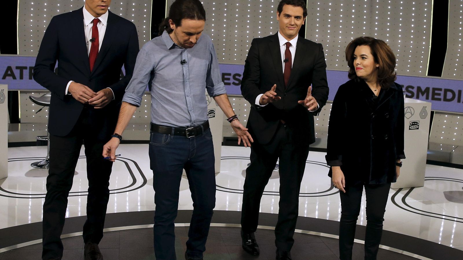 Foto: Pedro Sánchez, Pablo Iglesias, Albert Rivera y Soraya Saénz de Santamaría en el debate a cuatro de Atresmedia (Reuters)