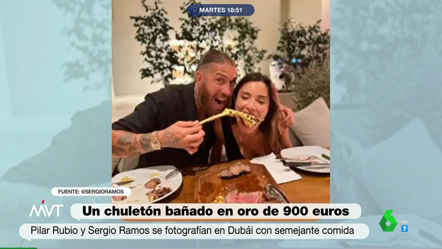 Sergio Ramos y Pilar Rubio, comiendo el polémico chuletón. (Atresmedia)