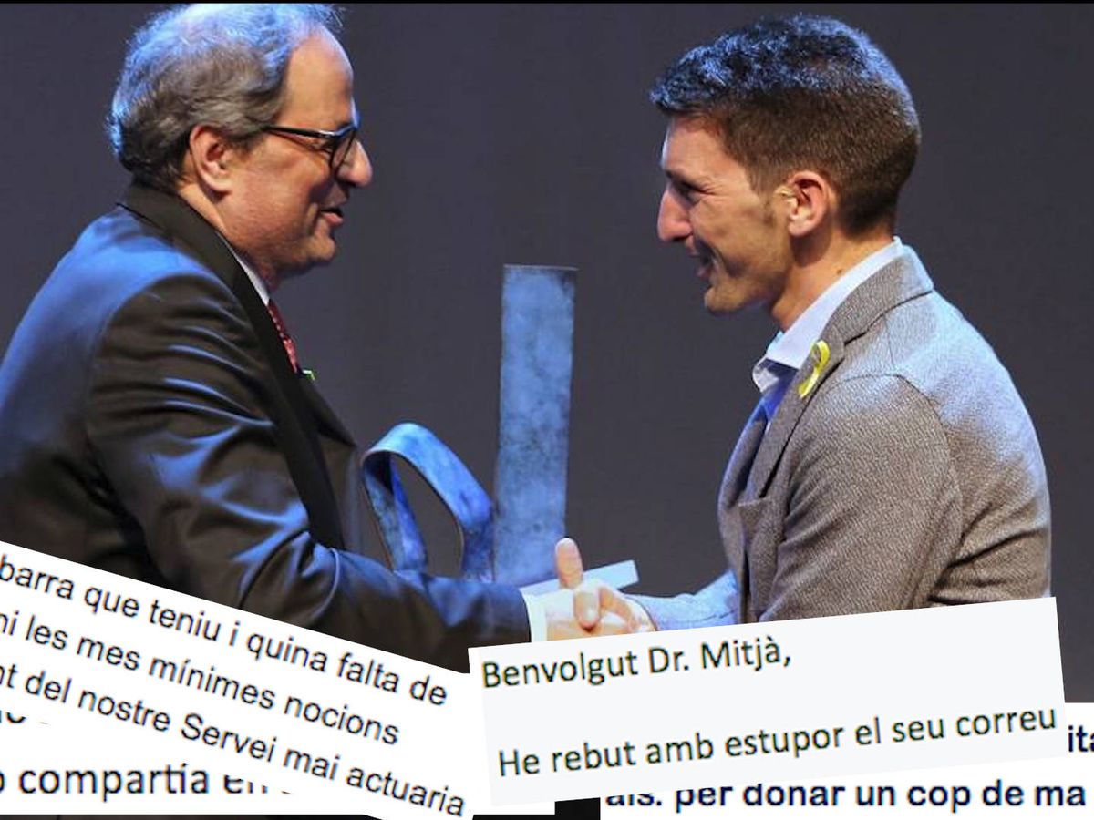 Foto: Oriol Mitjà recibiendo el premio 'Catalán del Año' de manos de Quim Torra. Abajo, extractos de la cadena de correos