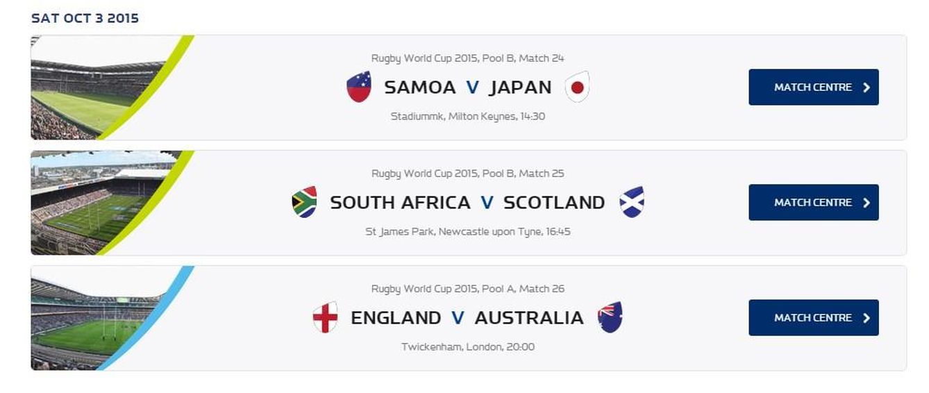 Los tres partidos que se disputan este sábado, con horario local británico (http://www.rugbyworldcup.com)
