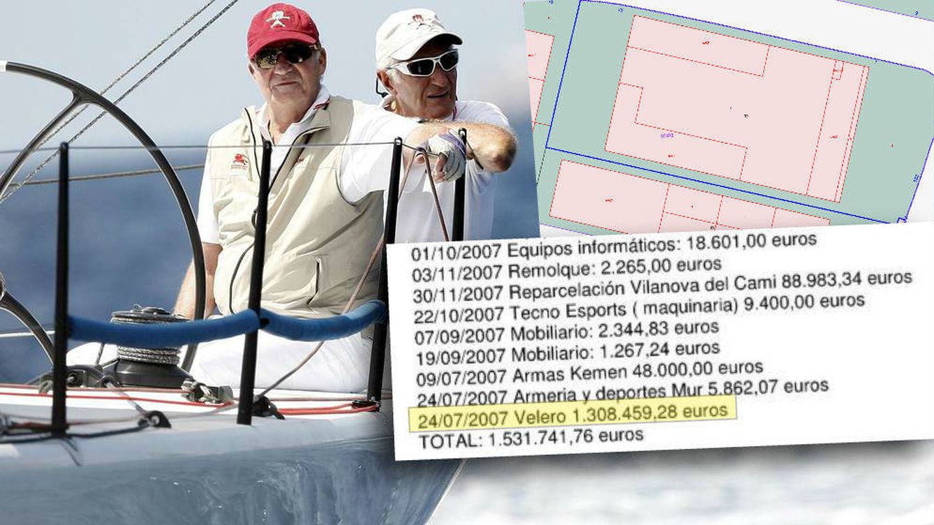 Foto: Josep Cusí y el Rey emérito. Un plano de la nave industrial que vendió y un listado donde se invirtió parte del dinero.