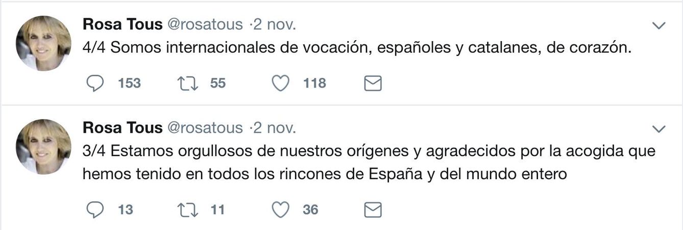 Reacción a la crisis en Twitter de Rosa Tous, vicepresidenta de Tous. (Twitter)
