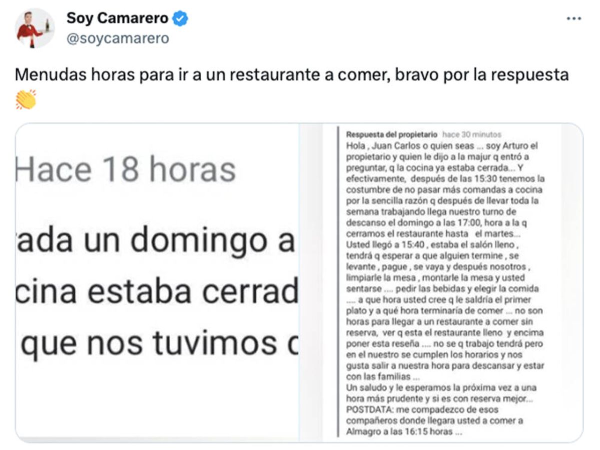 Foto: Llega a un restaurante con la cocina cerrada y pone esta mala reseña por no poder comer: "Me compadezco" (X: @soycamarero)