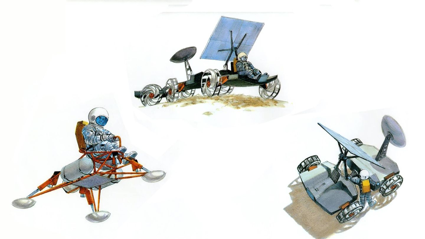 Tres de los vehículos propuestos por Grumman para trasladarse en la superficie de la Luna. (Grumman)