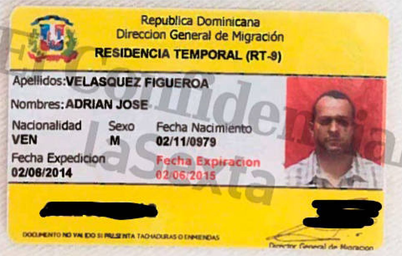 Documentos de residencia temporal de Velásquez en República Dominicana.