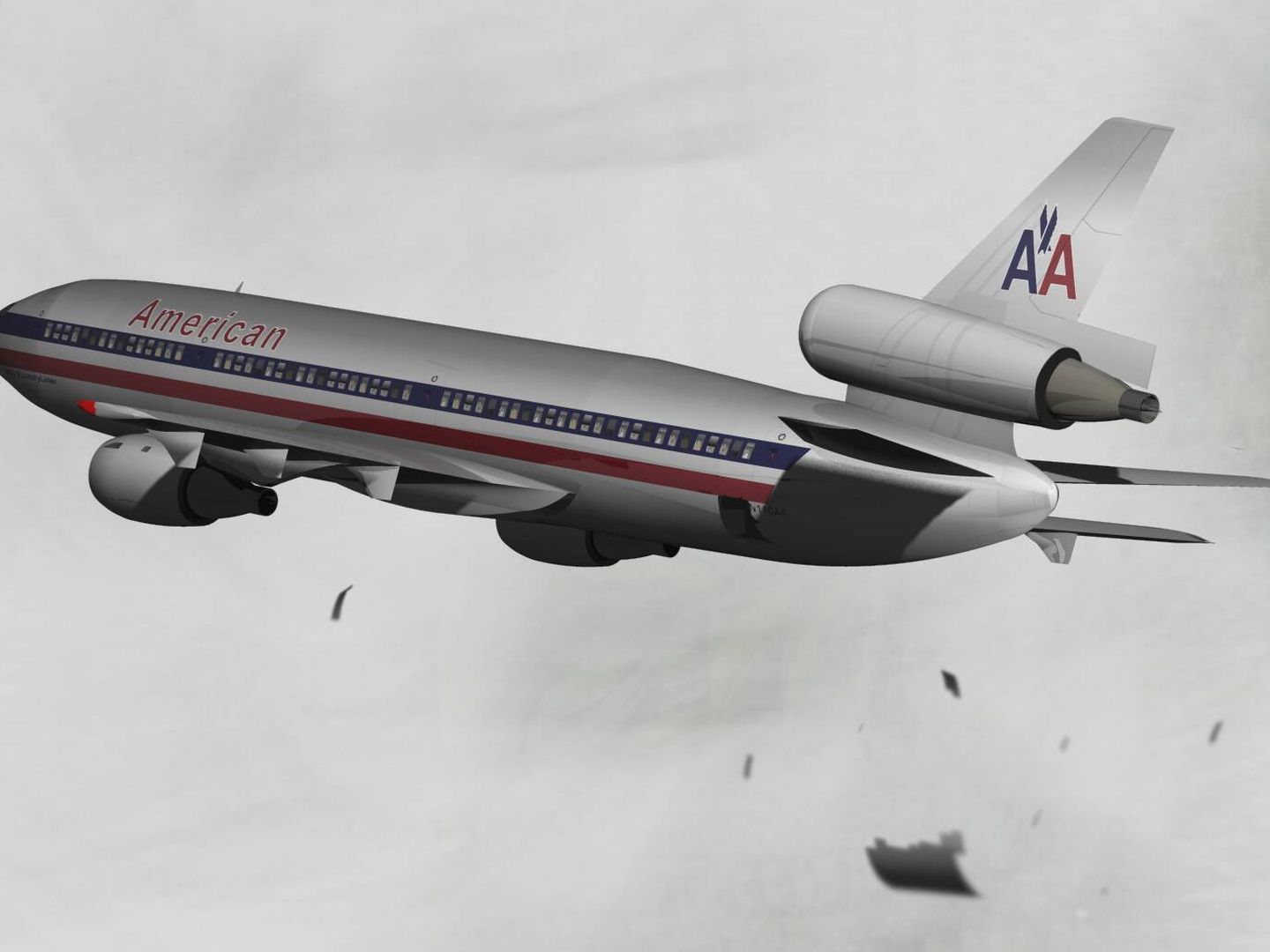 Imagen computarizada que muestra el momento en el que el avión pierde la puerta de carga. (Wikimedia)
