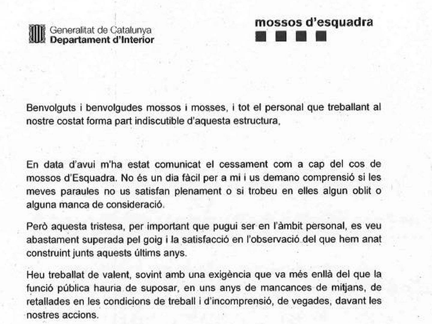 Carta de Trapero a los mossos.