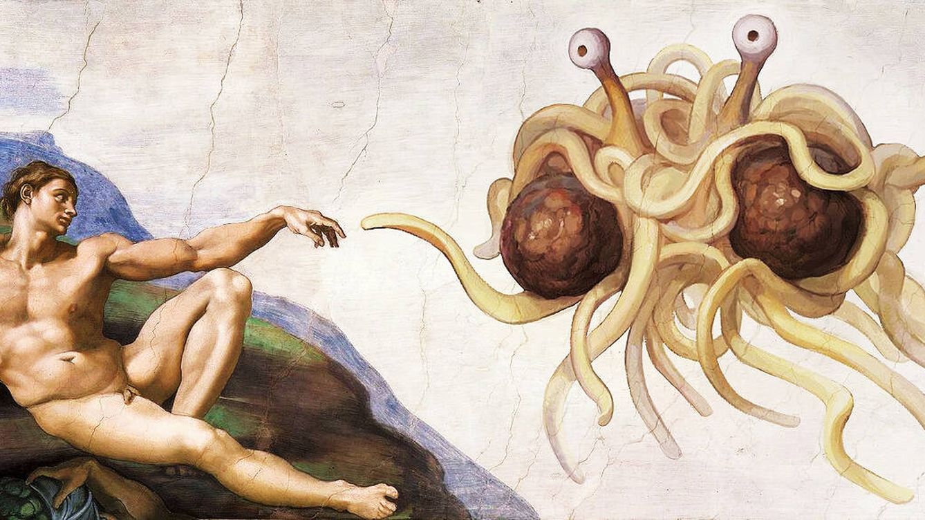 Foto: Alegoría atea con el Monstruo de Espagueti Volador, la deidad satírica de la paródica Iglesia pastafarista.