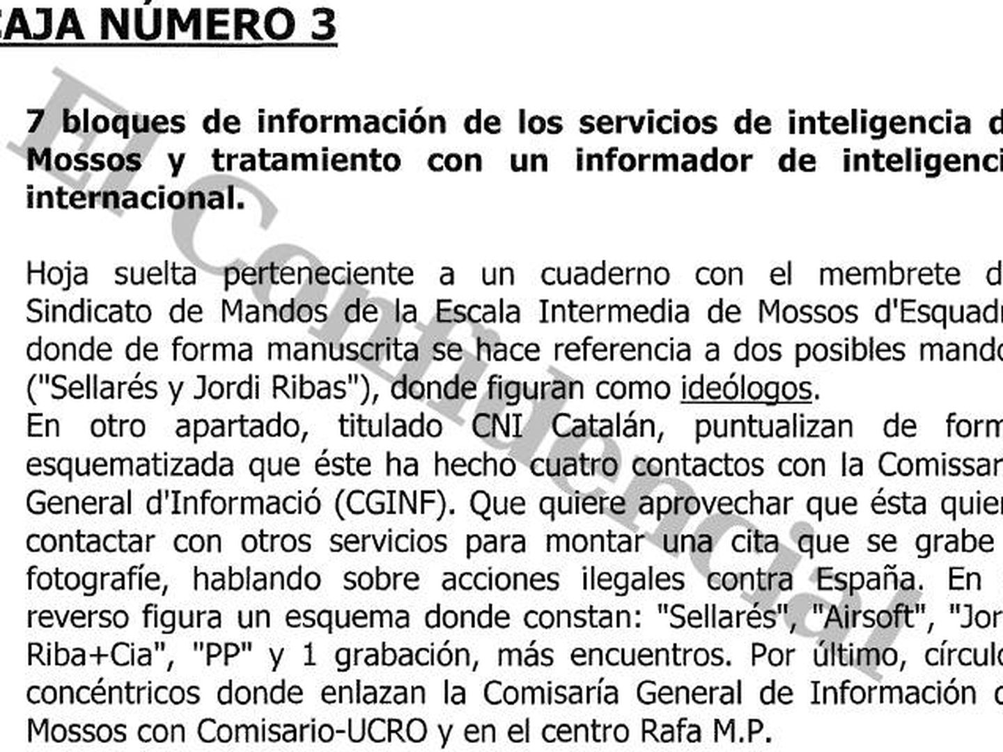 Fragmento del informe de CNP Barcelona sobre el material decomisado a los Mossos