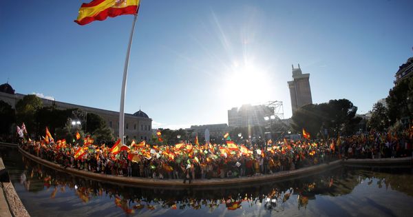 Foto: Cientos de personas ondean banderas de España en la plaza de Colón de Madrid. (EFE)