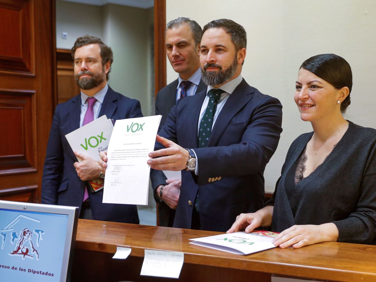 Foto: El presidente de Vox, Santiago Abascal, junto a los miembros de su grupo parlamentario, presenta una iniciativa para ilegalizar partidos independentistas. (EFE)