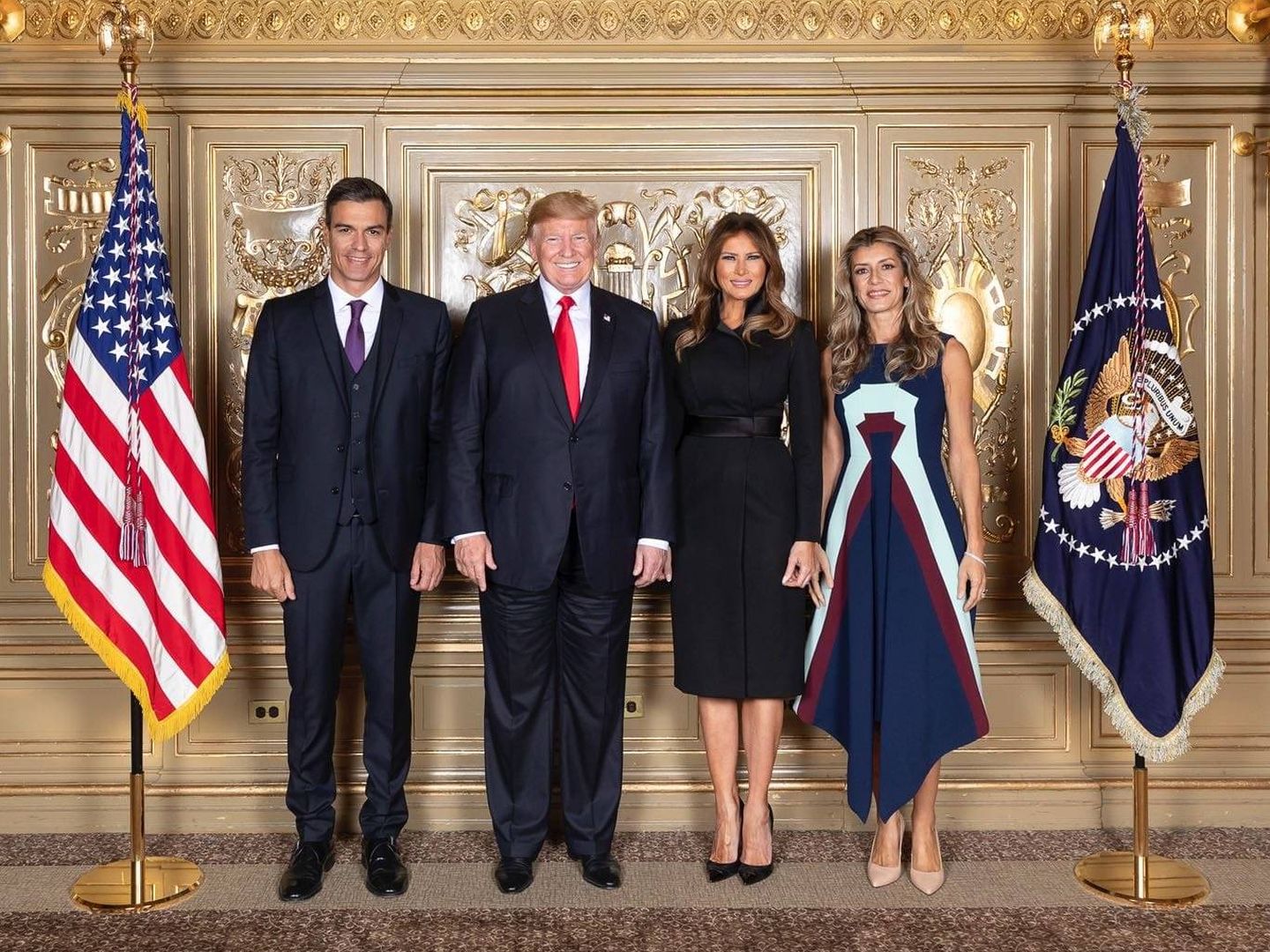 Pedro Sánchez, Donald y Melania Trump y Begoña Gómez en Nueva York. (EFE)