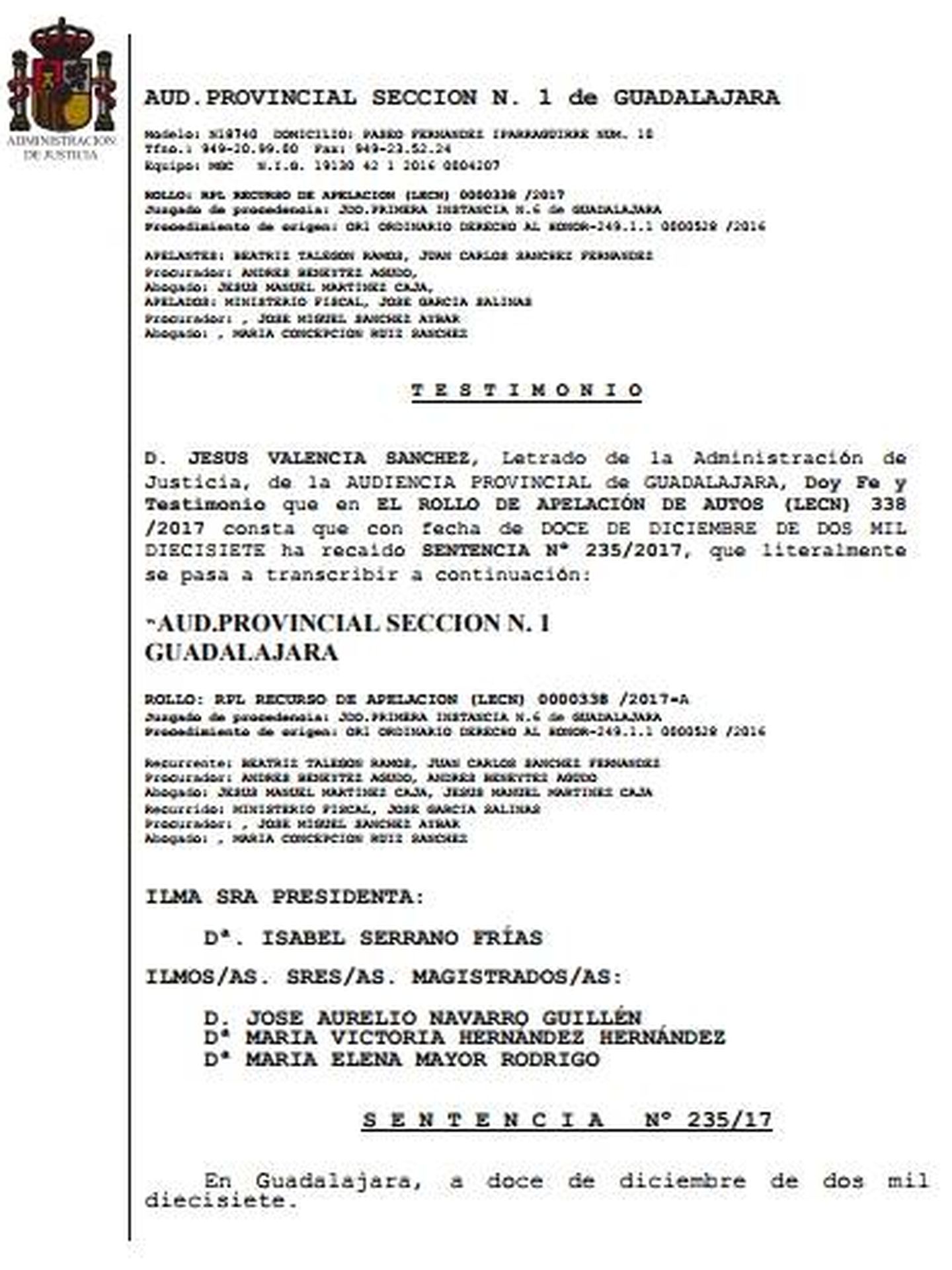 Consulta aquí en PDF la sentencia de la Audiencia de Guadalajara contra Beatriz Talegón y su pareja, Juan Carlos Sánchez. (EC)