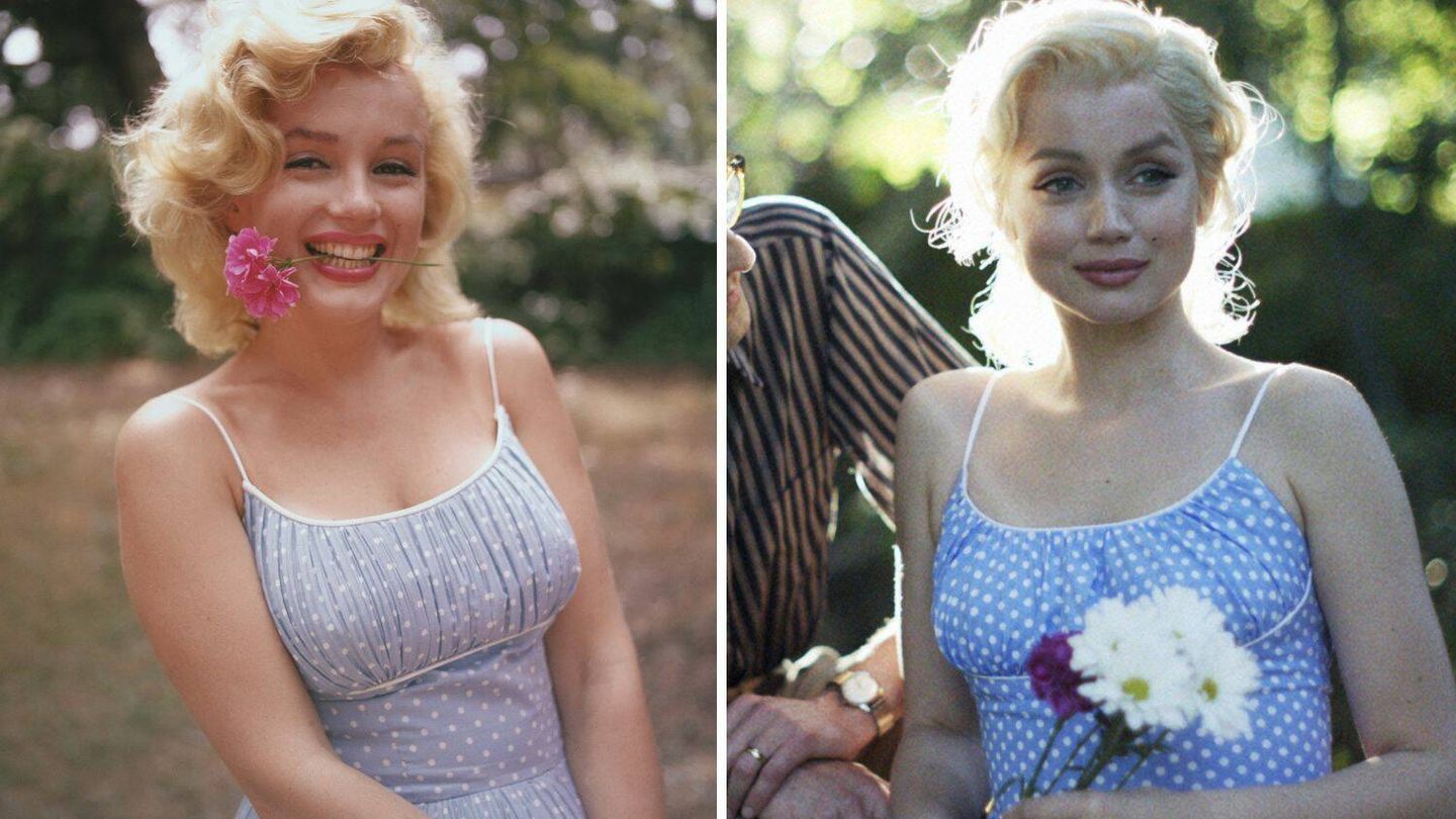 La sesión de fotos original de Marilyn Monroe con Arthur Miller, frente a la recreación de Ana de Armas en 'Blonde'. (Roger Viollet/Cordon Press/Netflix)