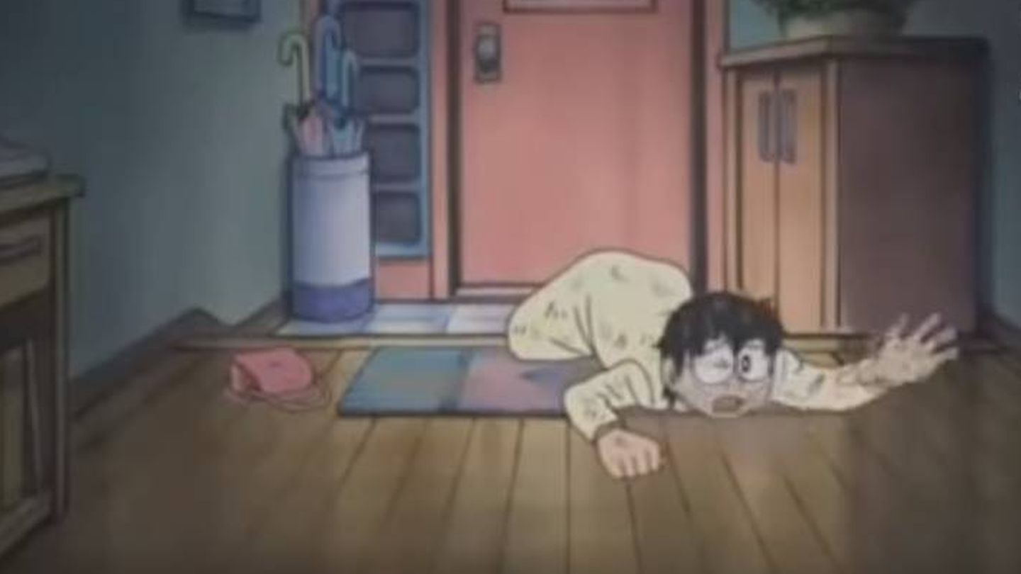 Fotograma del episodio en el que se ve a la madre de Nobita llegando a casa.