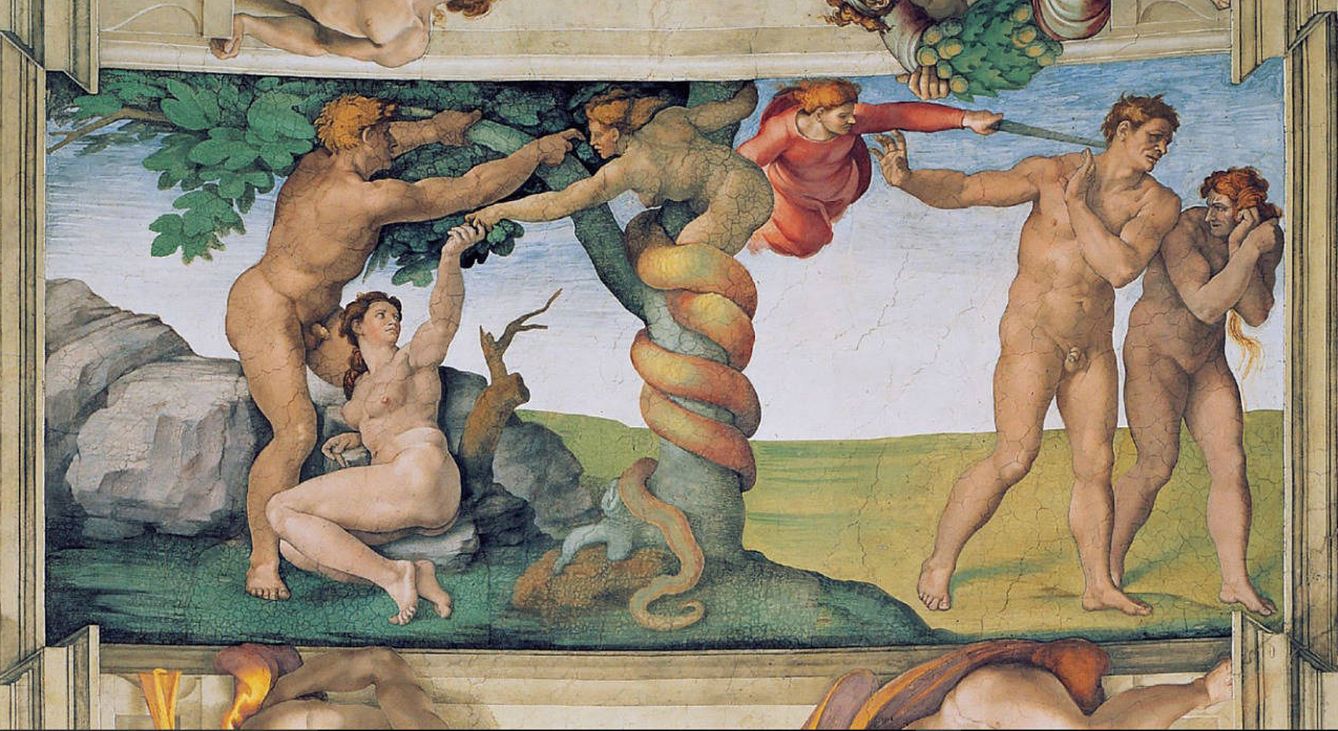 El cuadro 'La tentación de Adán y Eva y la expulsión del Paraíso', de Miguel Ángel.