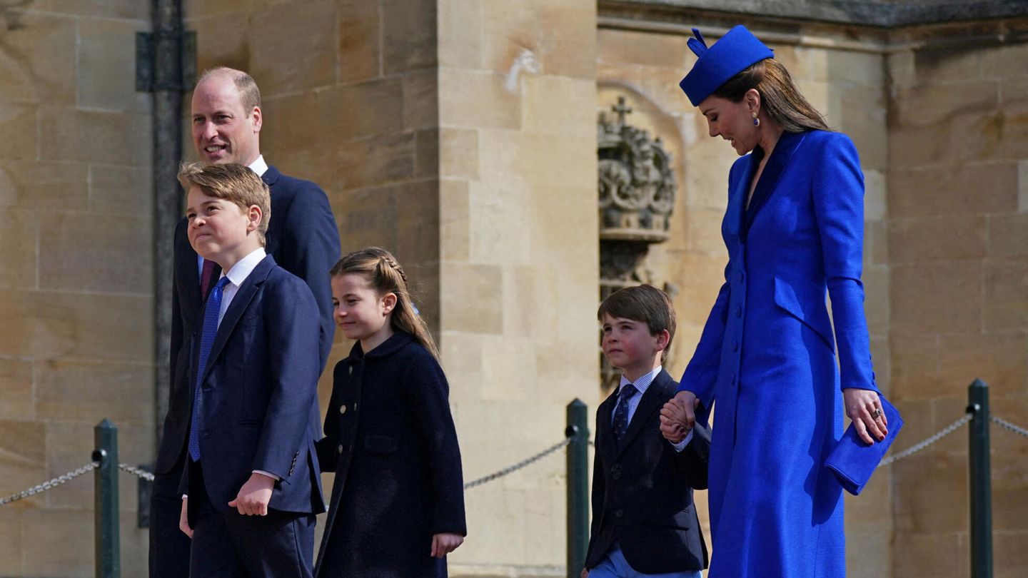 FILE PHOTO: The Prince and Princess of Wales with Prince George, Princess Charlotte and Prince Louis attending the Easter Mattins Service at St George's Chapel at Windsor Castle in Berkshire, Britain April 9, 2023. Yui Mok Pool via REUTERS File Photo