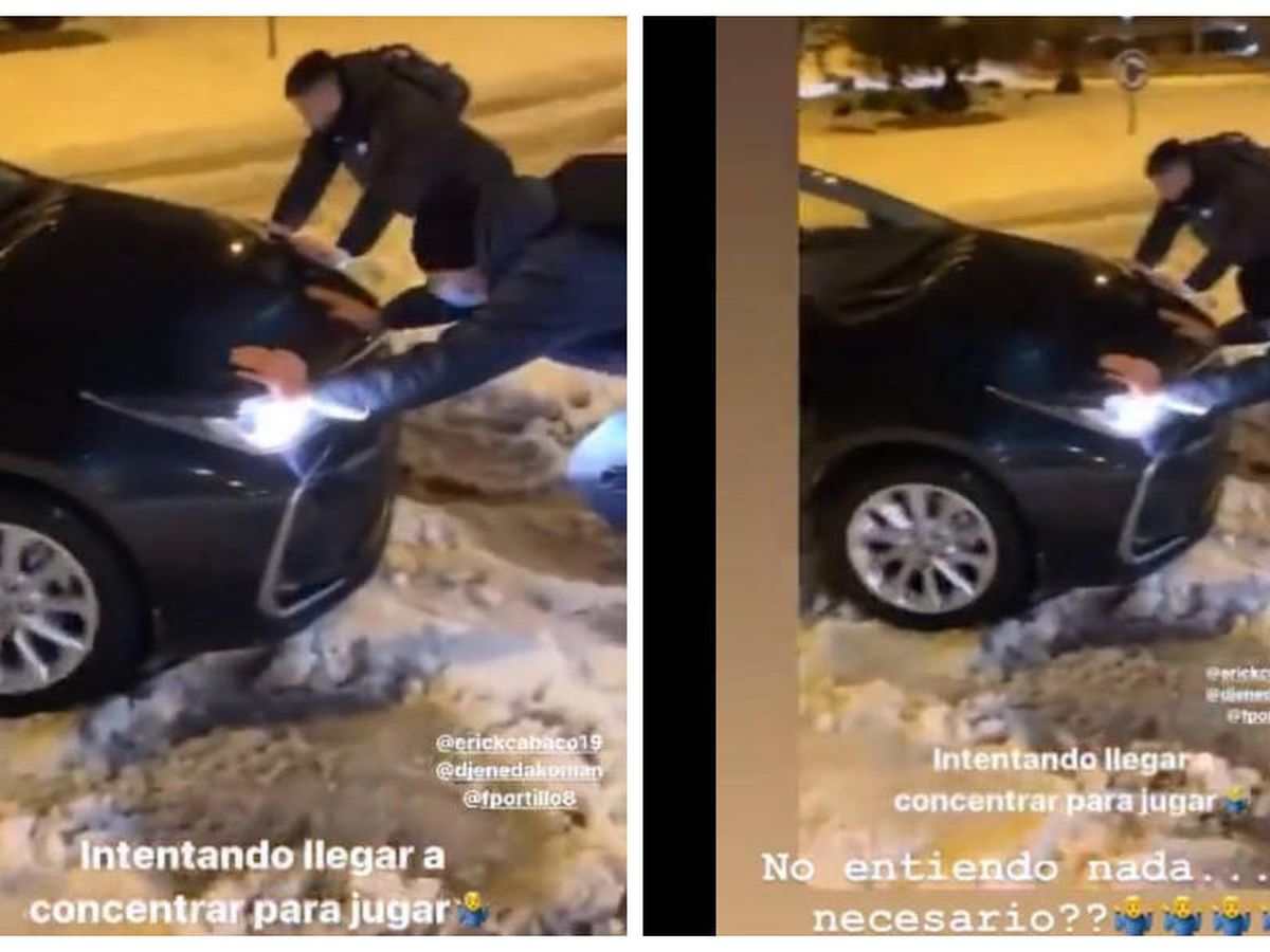 Foto: Los jugadores del Getafe tratan de sacar a los coches de la nieve.