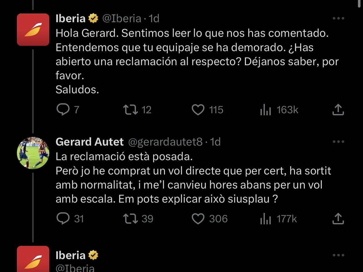 Foto: Iberia responde de esta forma a una reclamación por un vuelo en catalán y las redes les contestan (Twitter/@gerarddaute8 e @Iberia)
