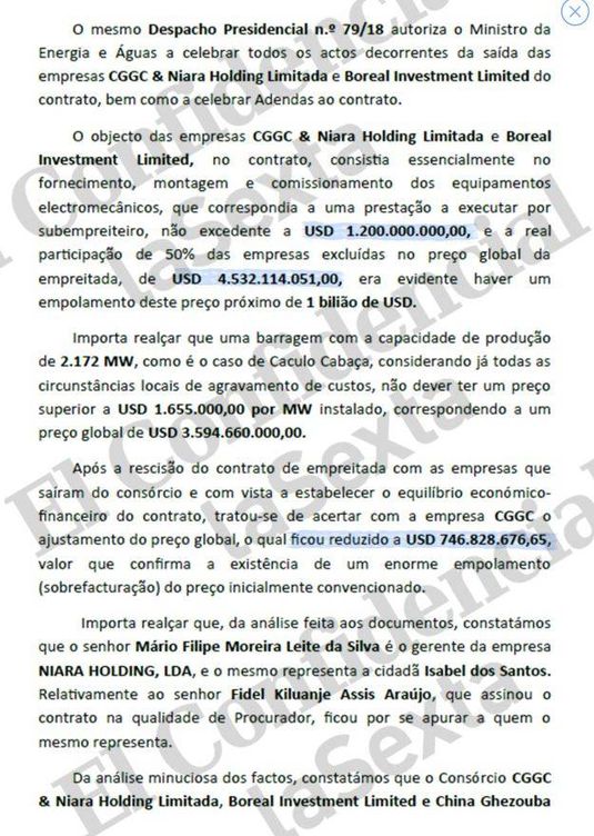 El actual Gobierno angoleño identificó un sobrecoste de 1.200 millones de dólares en un proyecto para empresas de Dos Santos. 