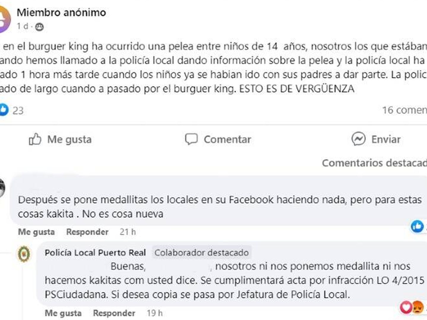 Conversación en Facebook con la Policía Local de Puerto Real. (Facebook/Policía Local de Puerto Real)