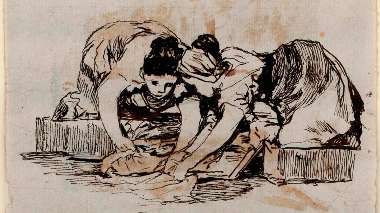 'Mujeres lavando', dibujo de formación de Francisco de Goya y Rosario Weiss. (BN)