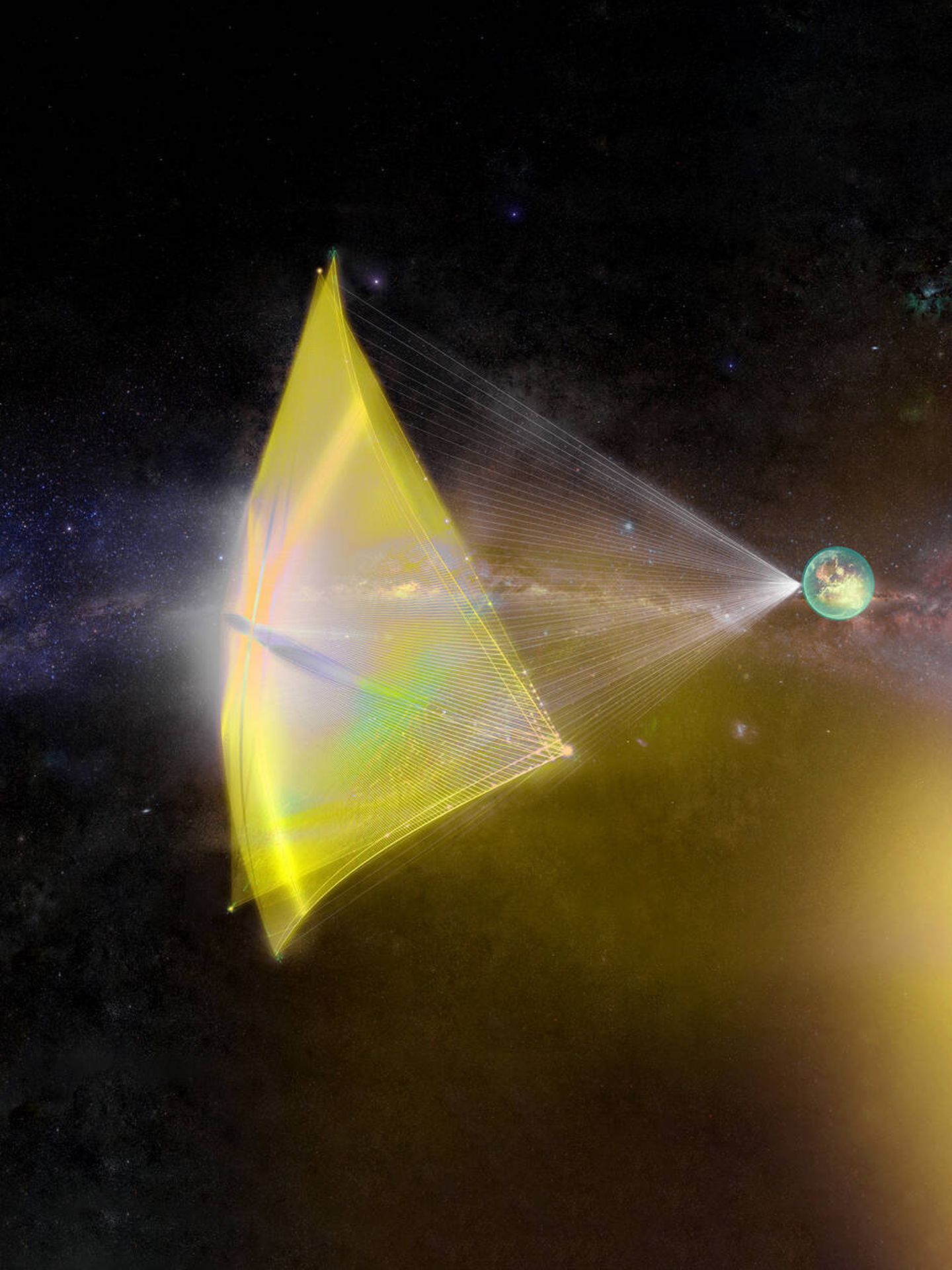 Visualización de la nave espacial que puede alcanzar un 20% de la velocidad de la luz usando velas solares. (Project Breakthrough Starshot)