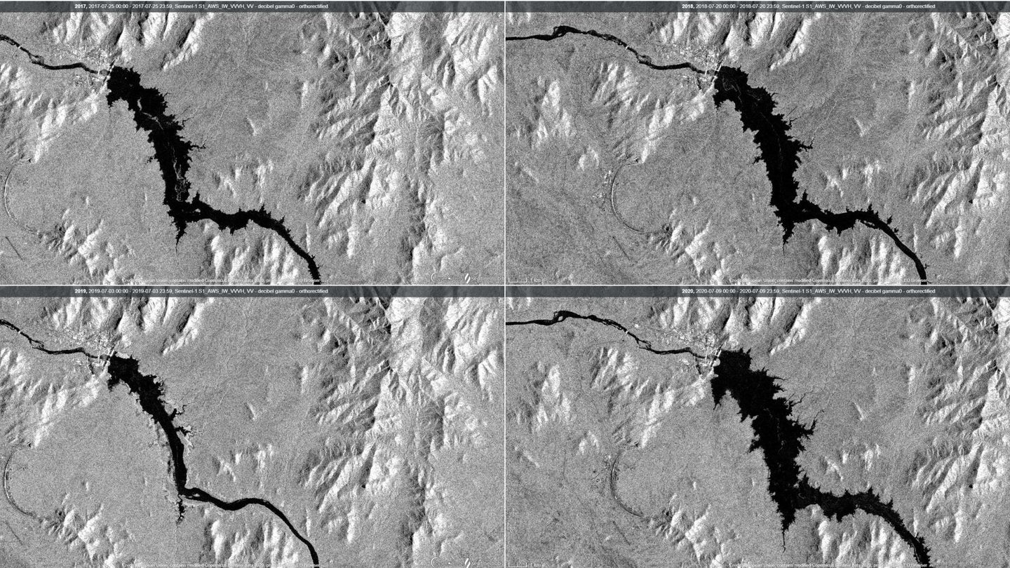 Fotografías de satélite de la zona de la GERD en julio de 2017, de 2018, 2019 y 2020, en las que parece aumentar el agua acumulada. (Reuters)
