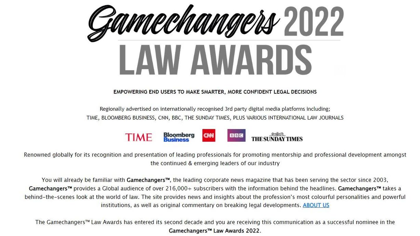 Pantallazo del correo que reciben los nominados a los Gamechangers Law Awards.