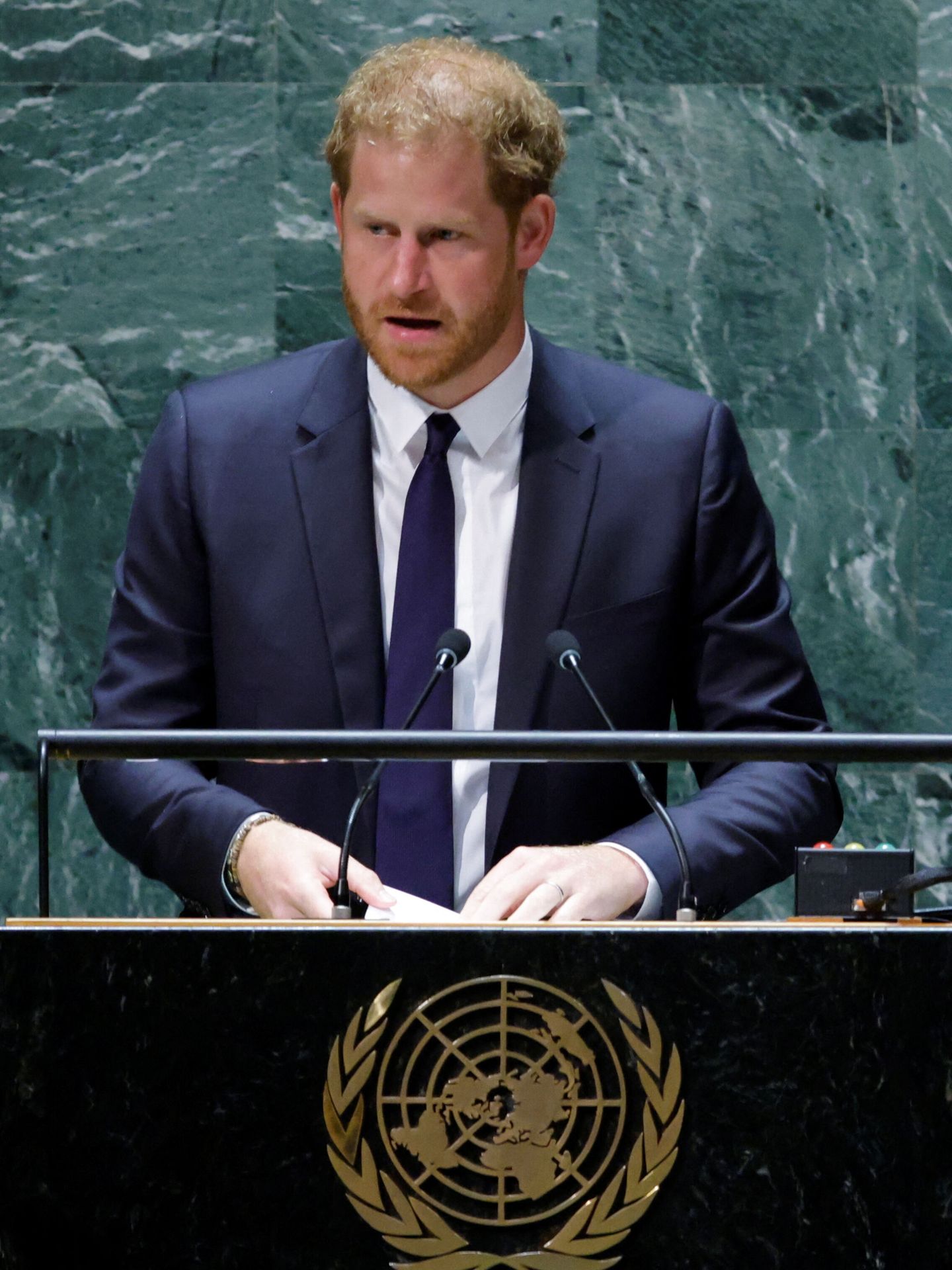 El príncipe Harry pronuncia su discurso en la Asamblea General de la ONU. (Reuters/Munoz)