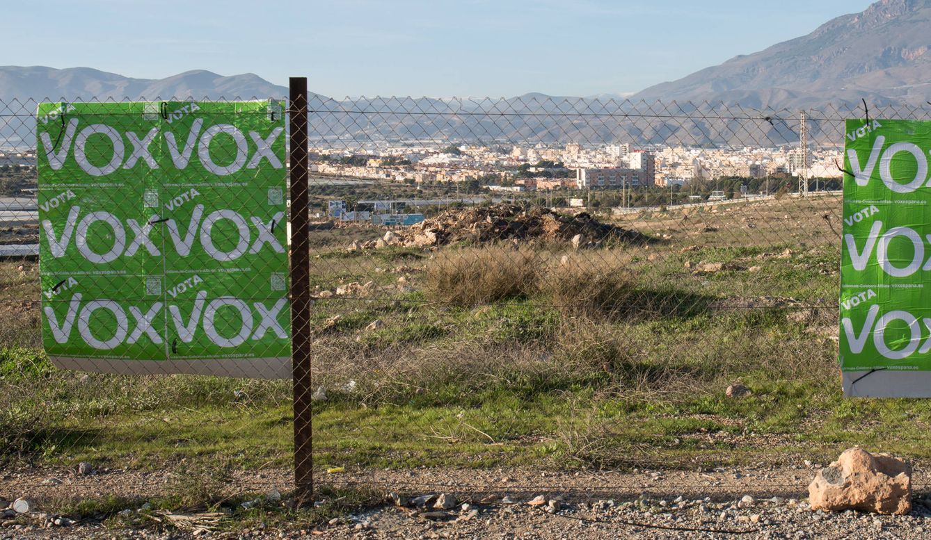 Carteles de campaña de Vox con la ciudad de El Ejido al fondo. (D. B.)