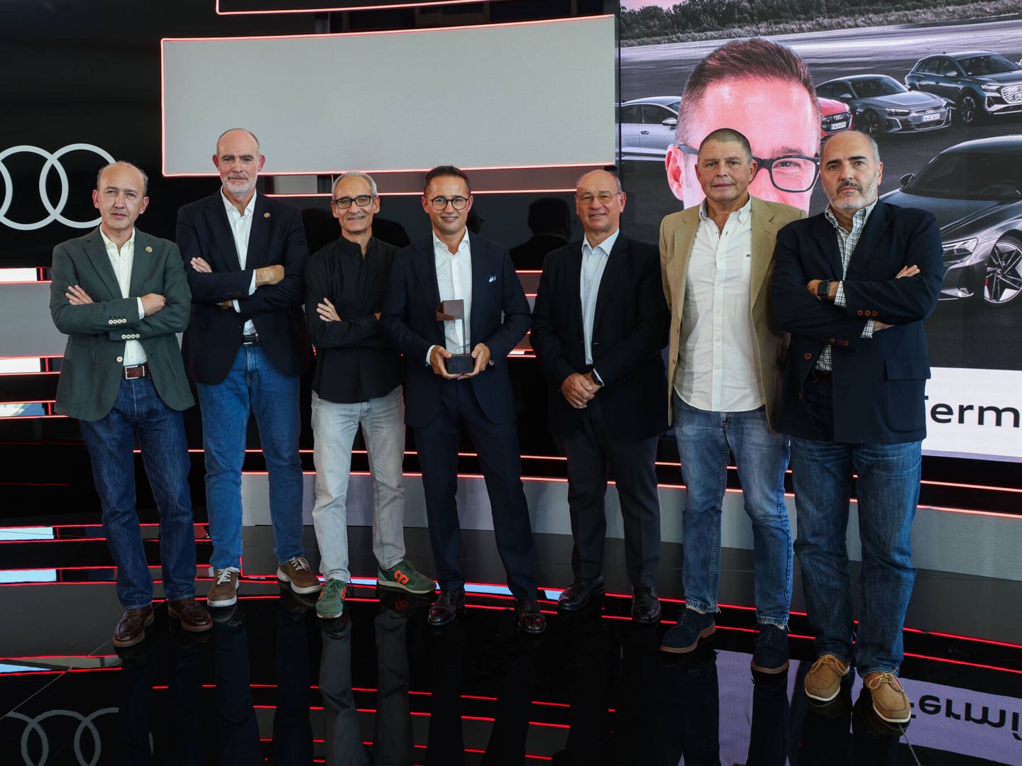 De izquierda a derecha, Félix Cerezo (El Mundo), Xavier Pérez (El Periódico), Pere Prat (La Vanguardia), Fermín Soneira (Audi AG), Rafael Guitart (Boosters Group), Juan Carlos Payo (Autopista) y Pedro Martín (El Confidencial).